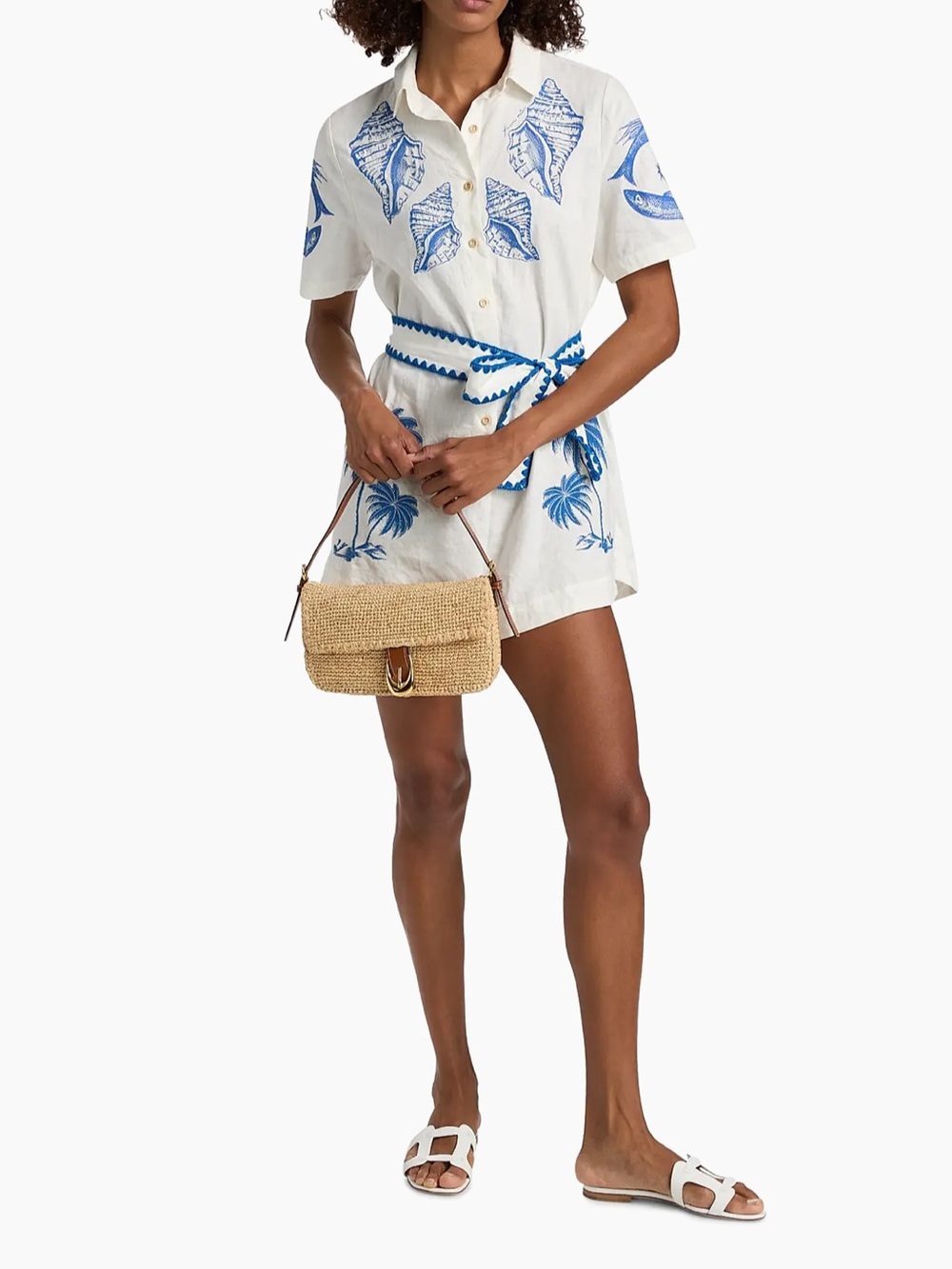 FARM Rio White Linen Romper with Blue Shell & Palm Print - Picture 2 of 16